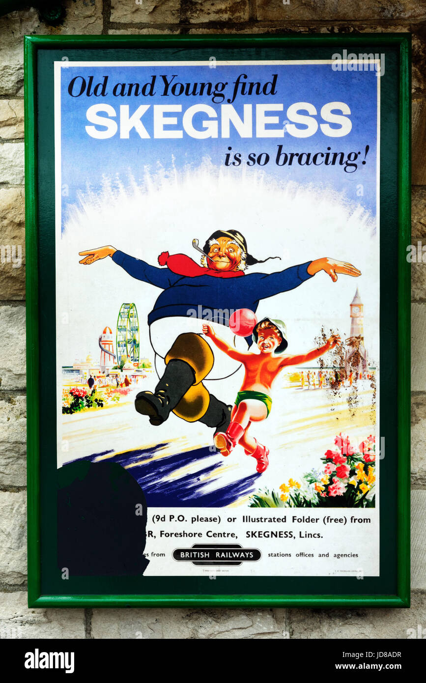 Old fifties style British Railways poster for Skegness on the Swanage steam railway Stock Photo