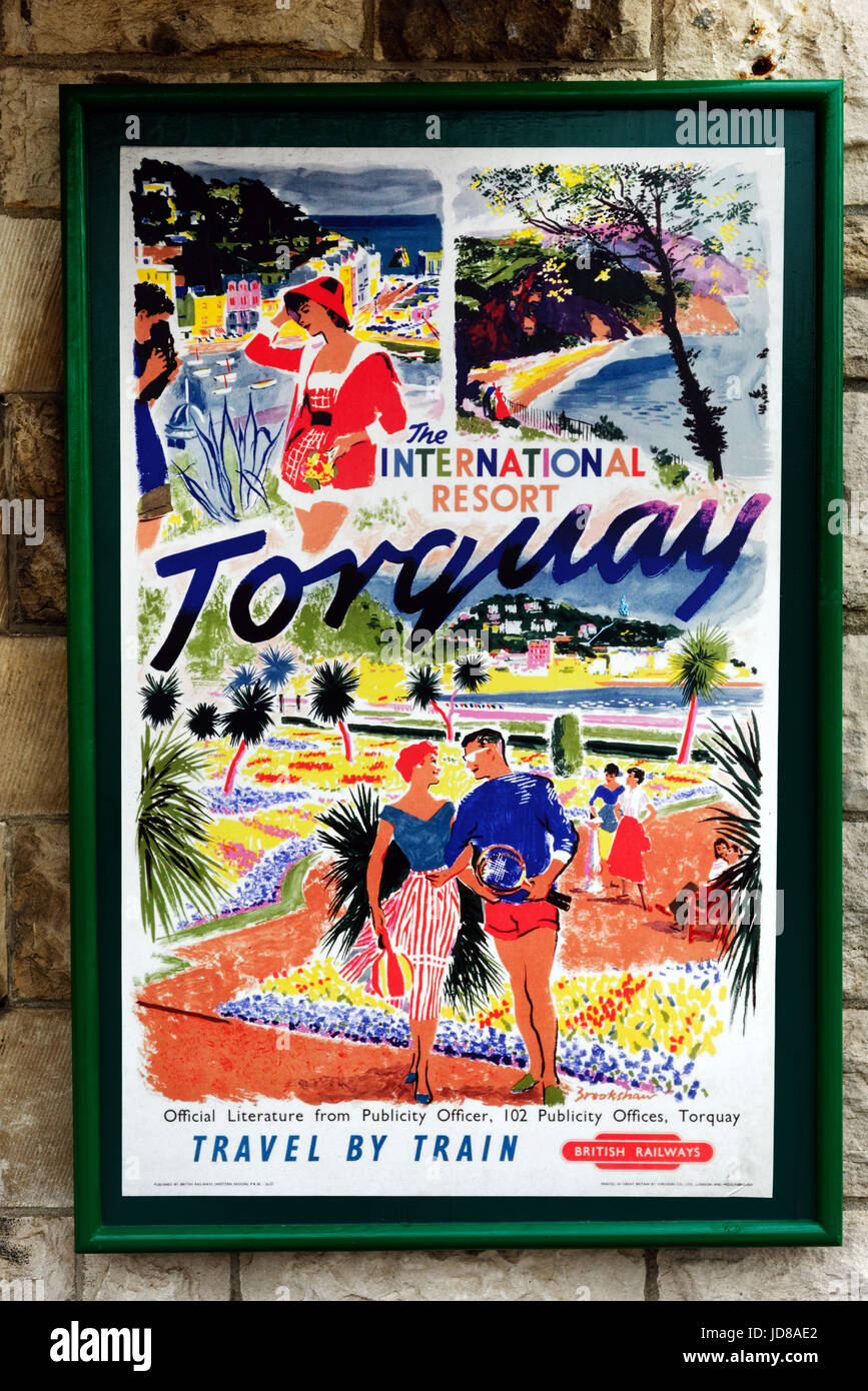 Old fifties style British Railways poster for Torquay on the Swanage steam railway Stock Photo