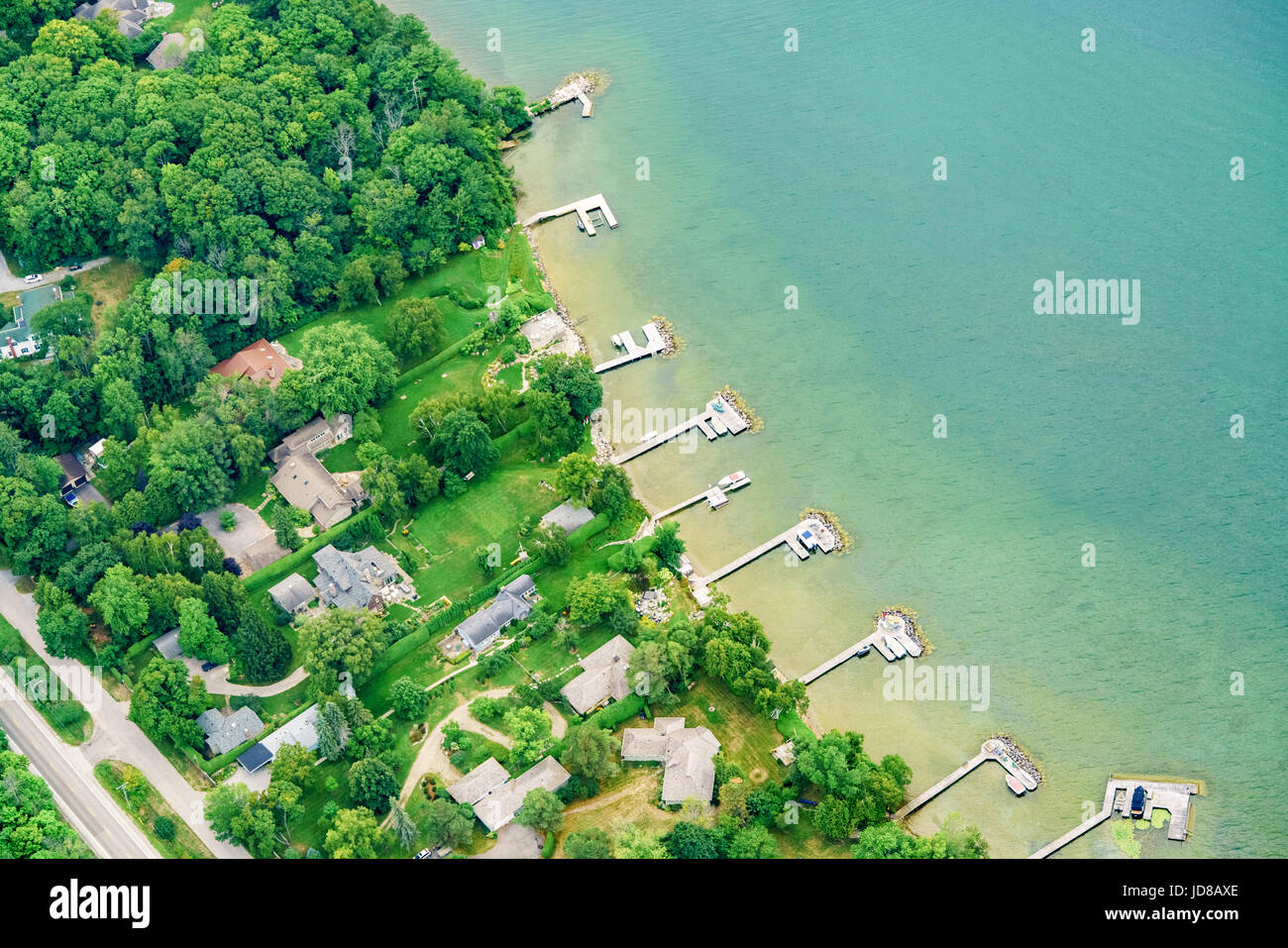 Aerial view of houses at day on waterfront, Toronto, Ontario, Canada