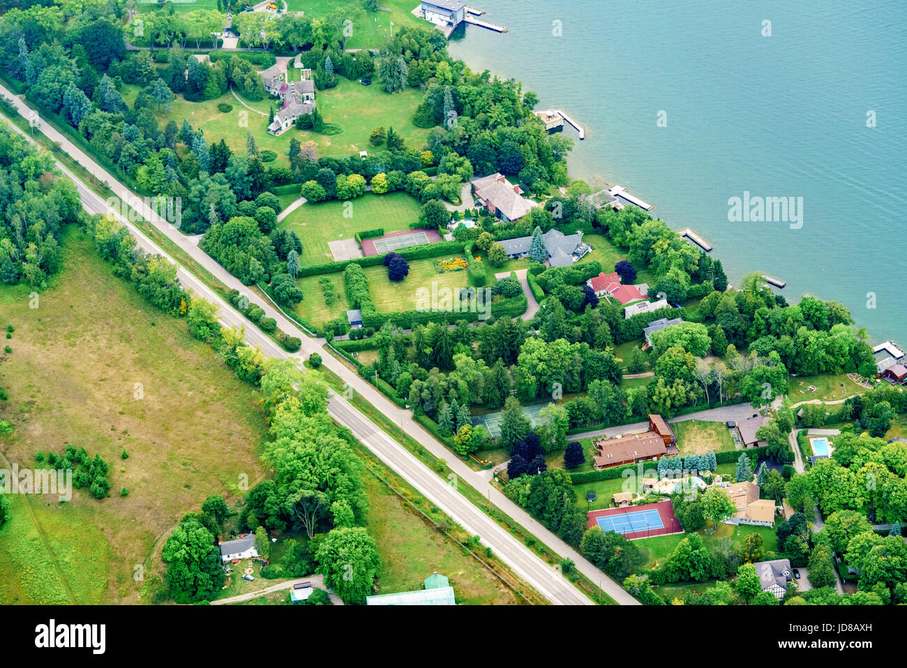 Aerial view of houses at day, on waterfront, Toronto, Ontario, Canada