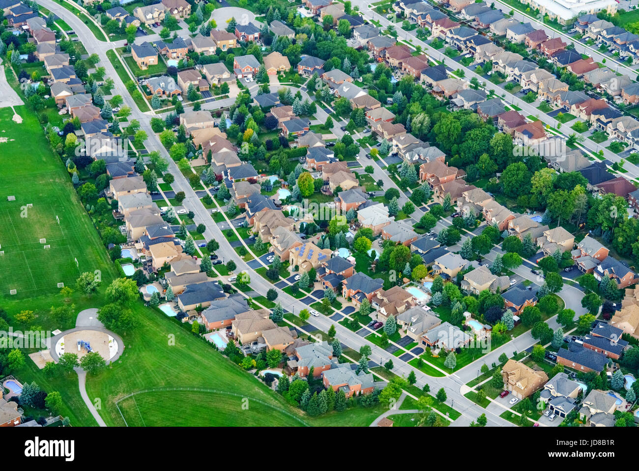 Aerial view of houses in wealthy residential suburb, Toronto, Ontario