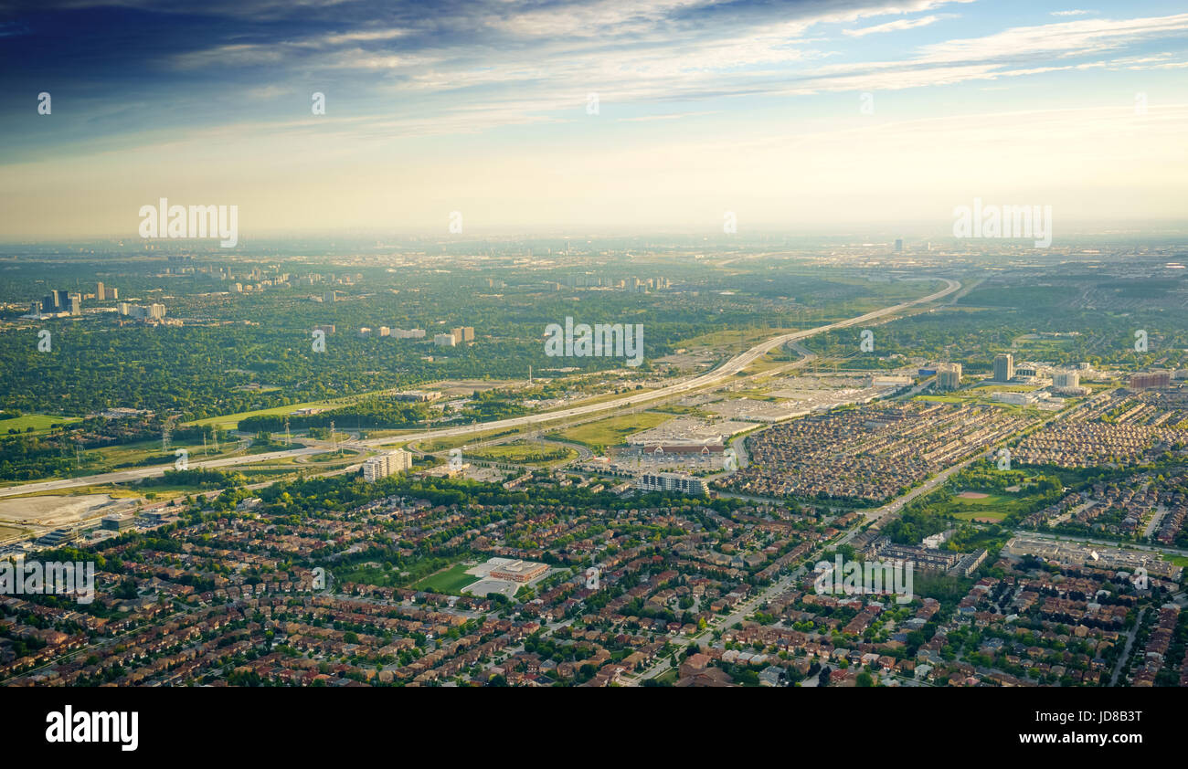 Elevated view of residential suburbs with road running through, Toronto, Ontario, Canada. aerial picture from ontario canada 2016 Stock Photo
