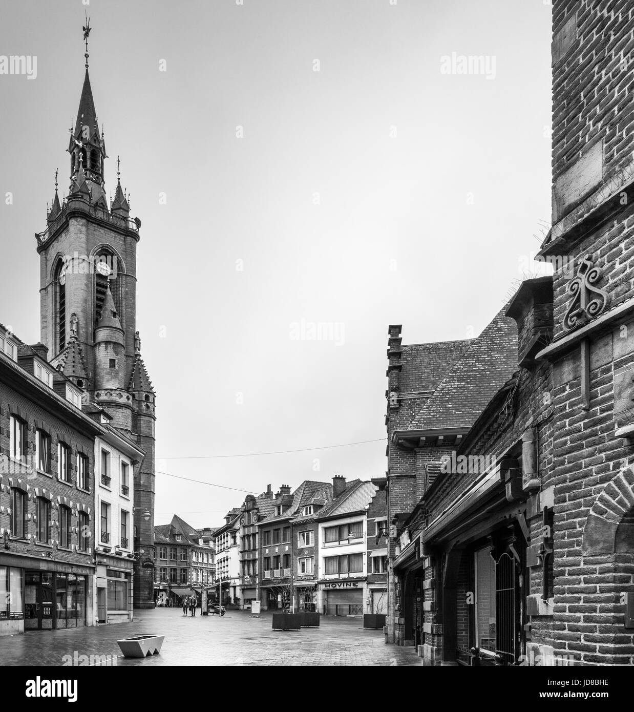 Buildings and tower in the town centre, black and white, Belgium