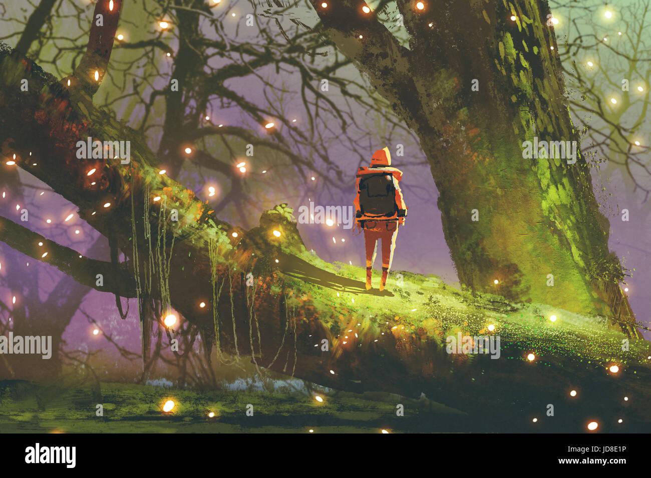 hiker with backpack standing on giant tree with fireflies in enchanted forest, digital art style, illustration painting Stock Photo