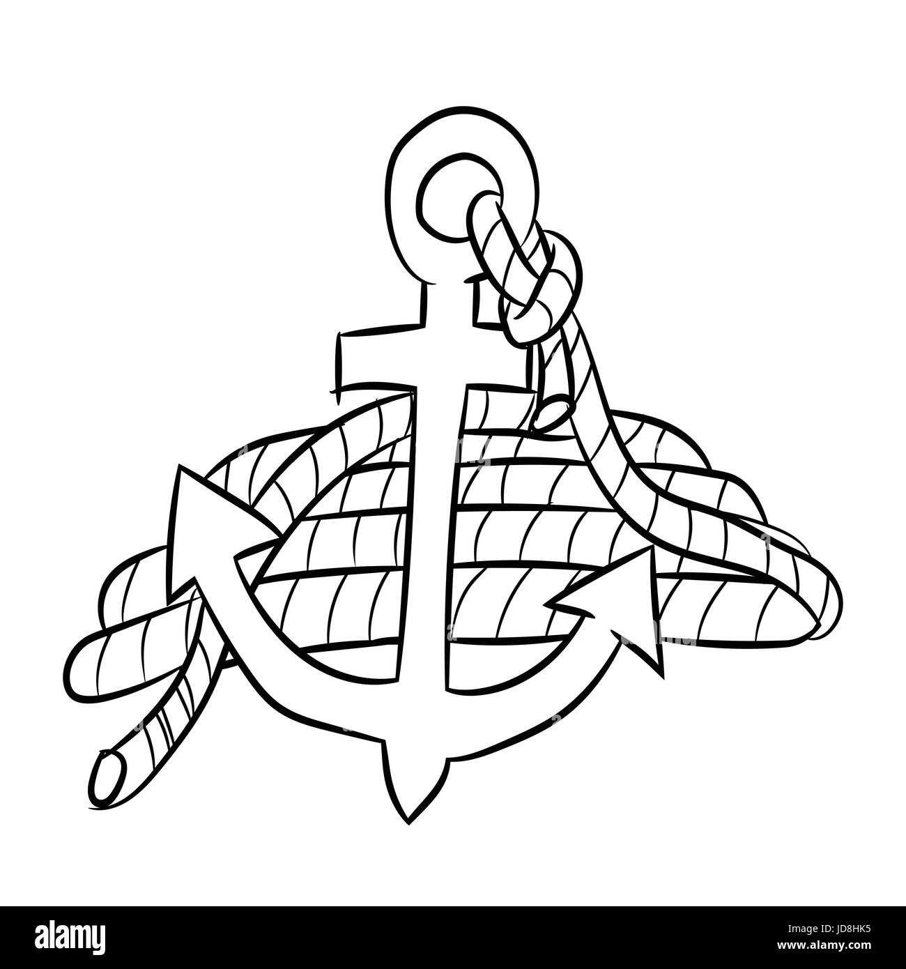 Hand drawn sketch of sea anchor isolated with rope,  Black and White Cartoon Vector Illustration for Coloring Book - Line Drawn Vector Stock Vector