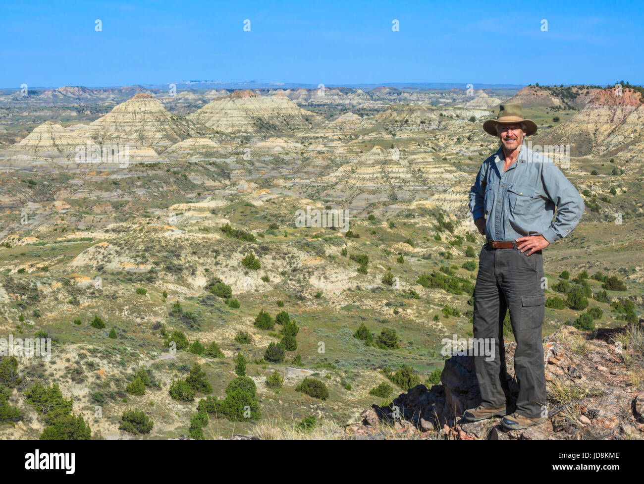 self portrait of john lambing above the terry badlands near terry, montana Stock Photo