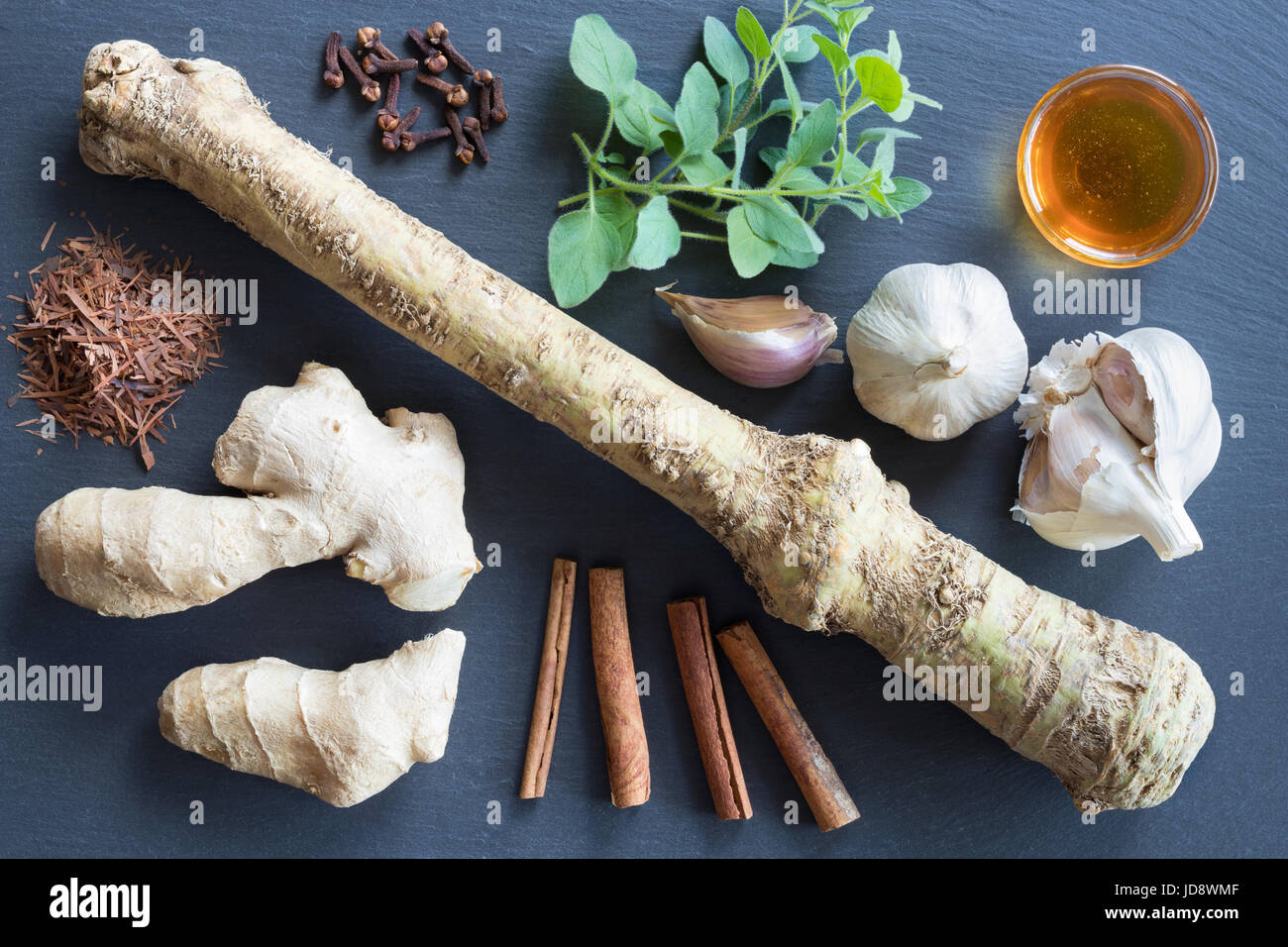 Foods with natural antibacterial properties on a dark background