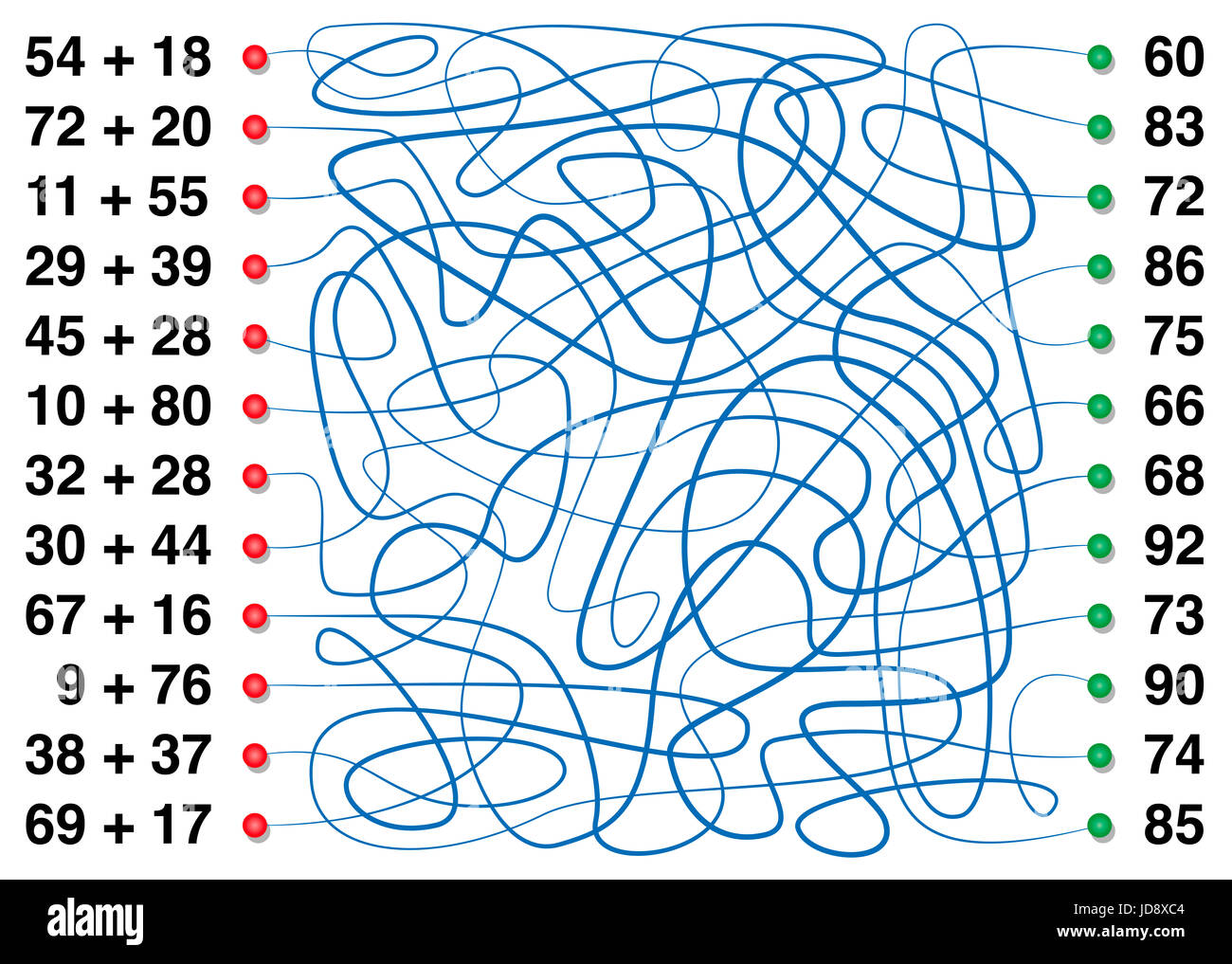 Additions - one of four elementary arithmetic operations - practice addition with funny labyrinth game - follow the lines from summands to sum. Stock Photo