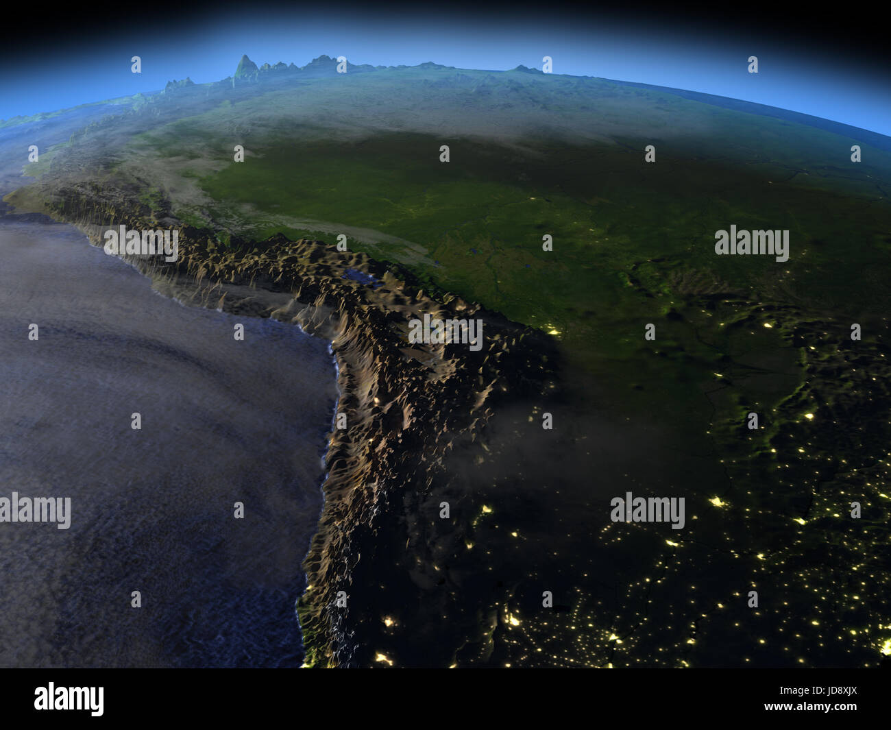 Amazon rainforest at night as seen from Earth's orbit in space. 3D