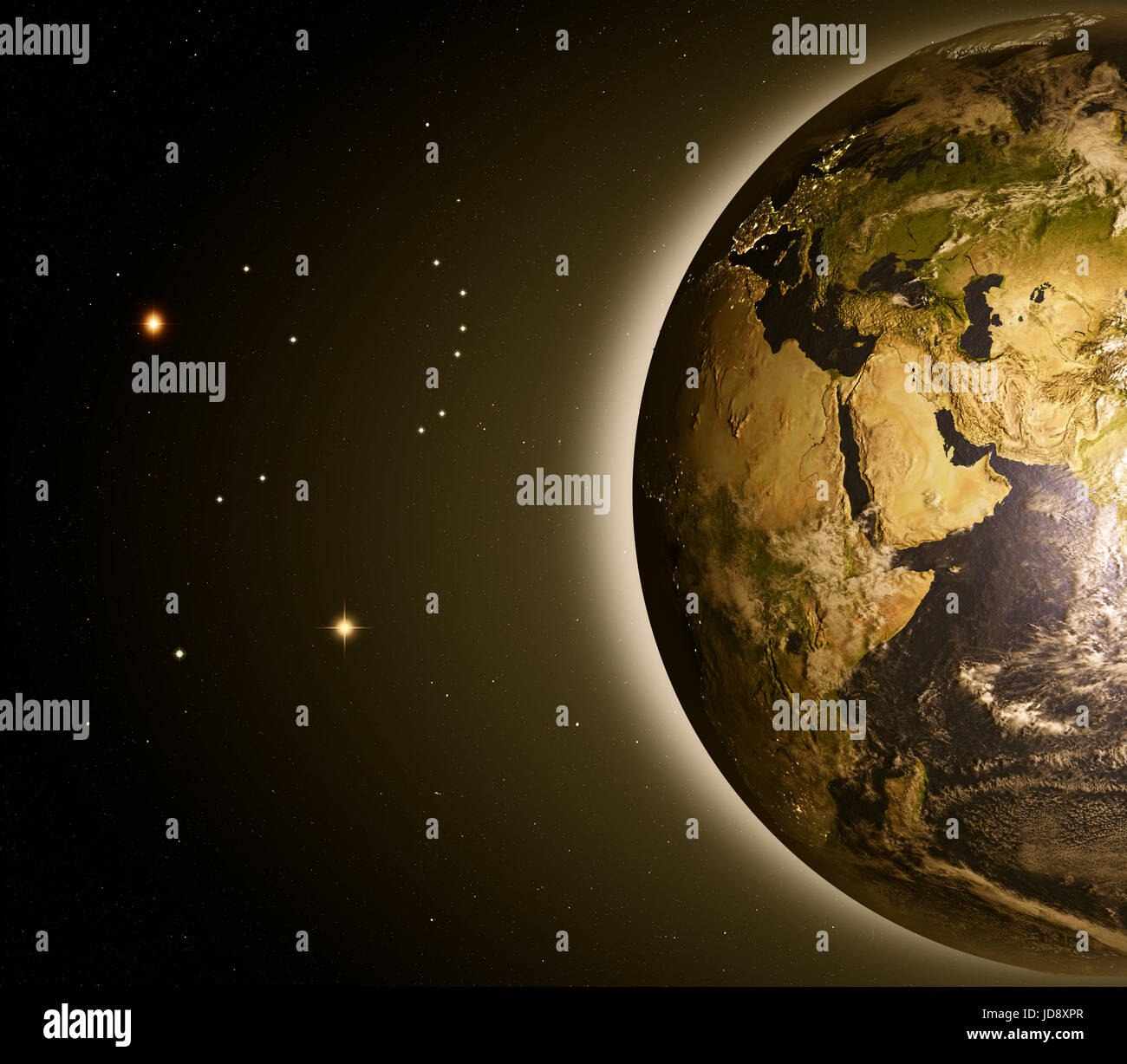 Middle East at dawn from Earth's orbit in space. 3D illustration with ...