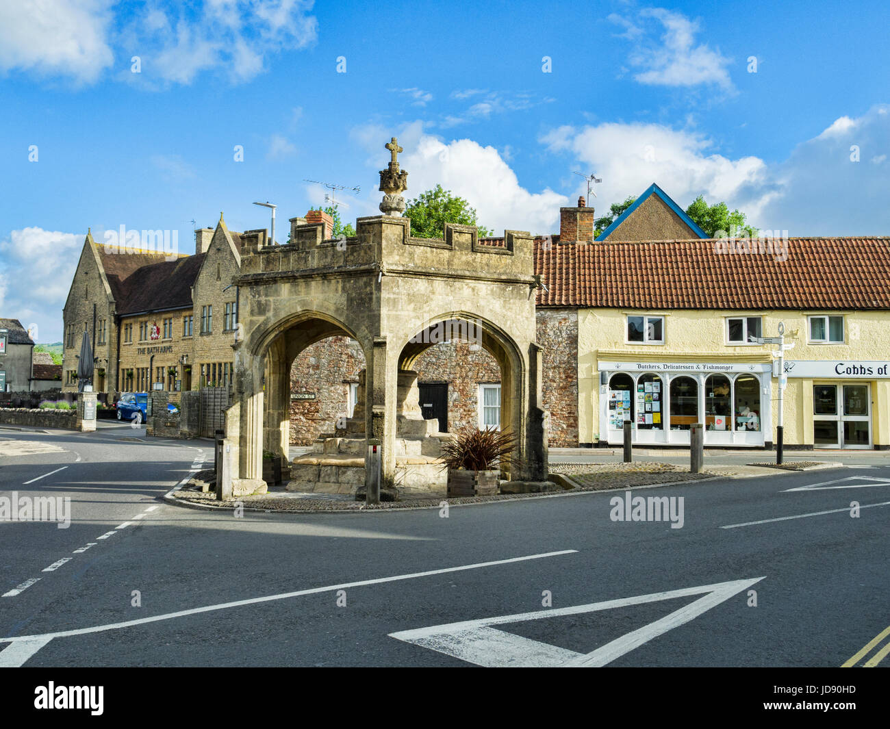 7 June 2017: Cheddar, Somerset, UK - The centre of the village of Cheddar, with the Market Cross. Stock Photo