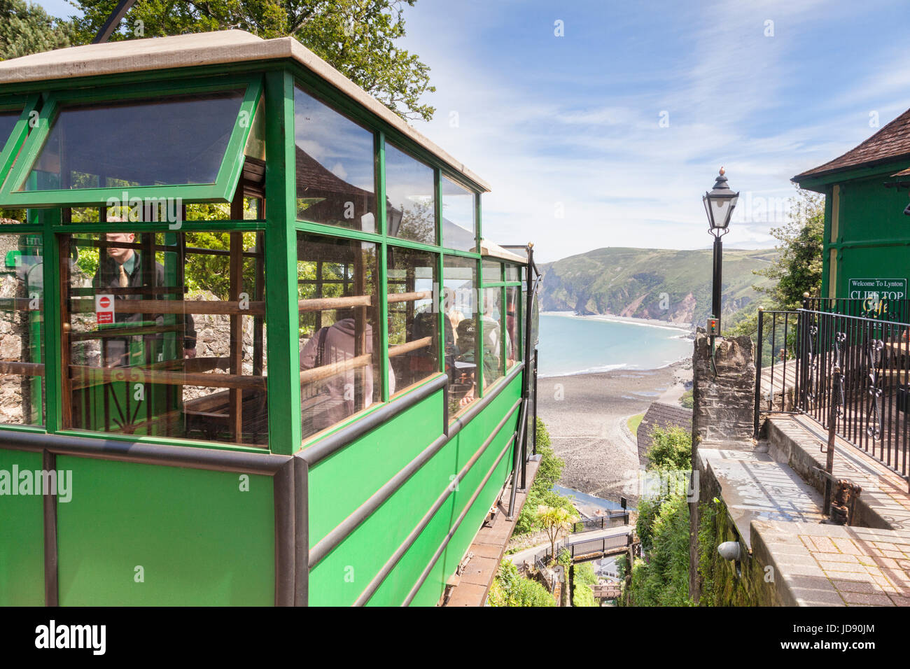 12 June 2017: Lynton, Devon, England, UK - Lynton and Lynmouth Cliff Railway, a carriage at the top of its descent. Stock Photo