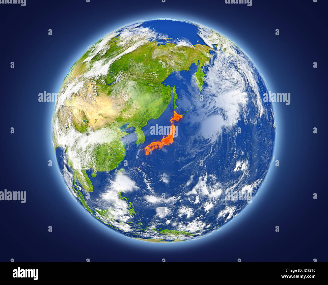 Japan in red on planet Earth as seen from space on full sphere. 3D