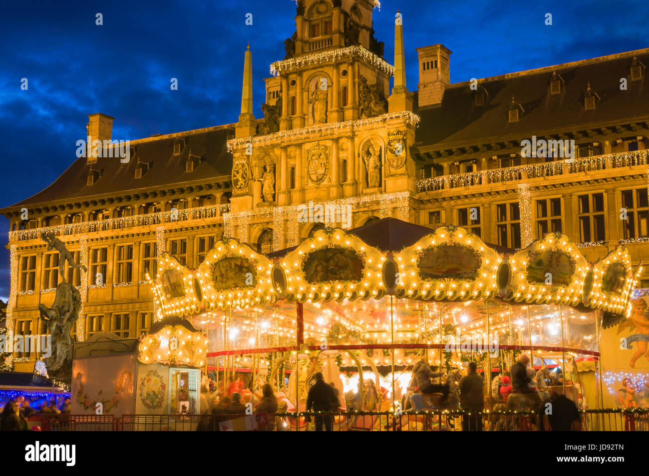 Christmas Market and Stadhuis City Hall, Grote Markt, Antwerp Belgium Stock Photo