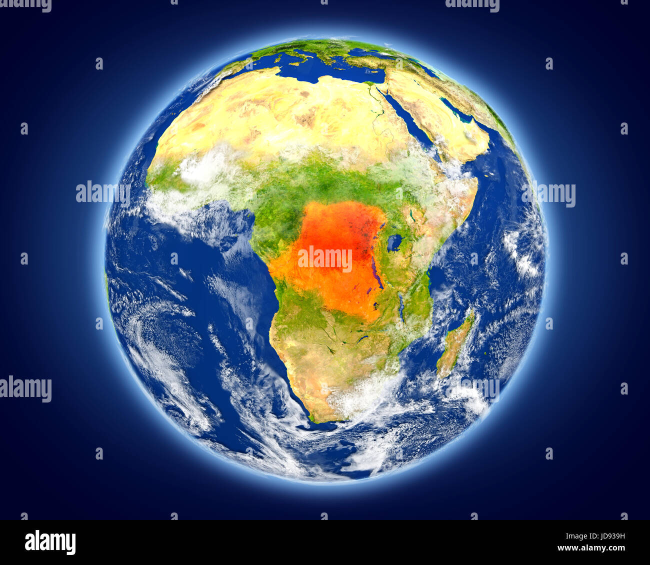 Democratic Republic of Congo highlighted in red on planet Earth. 3D ...
