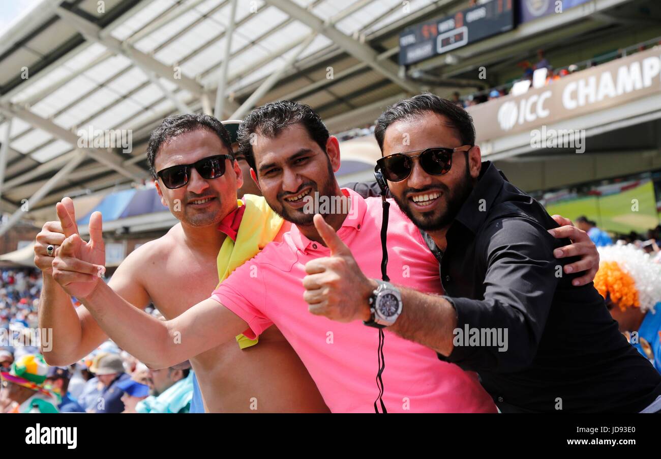 Indian supporters cheer on there team during the ICC Champions Trophy 2017 Final  between Pakistan and India at The Oval in London. 18 Jun 2017 *** EDITORIAL USE ONLY *** Stock Photo