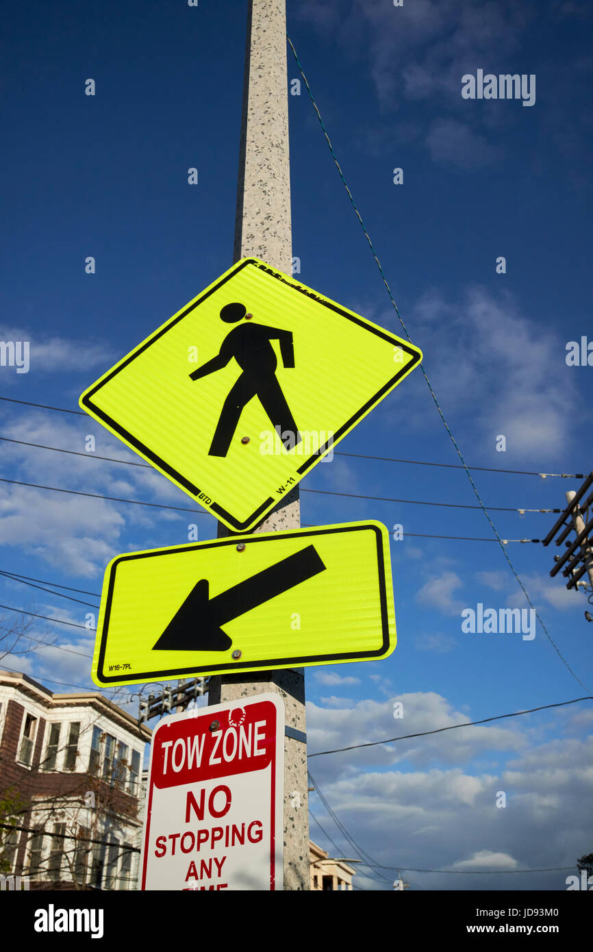 yello diamond pedestrian crossing crosswalk sign dorchester Boston USA Stock Photo