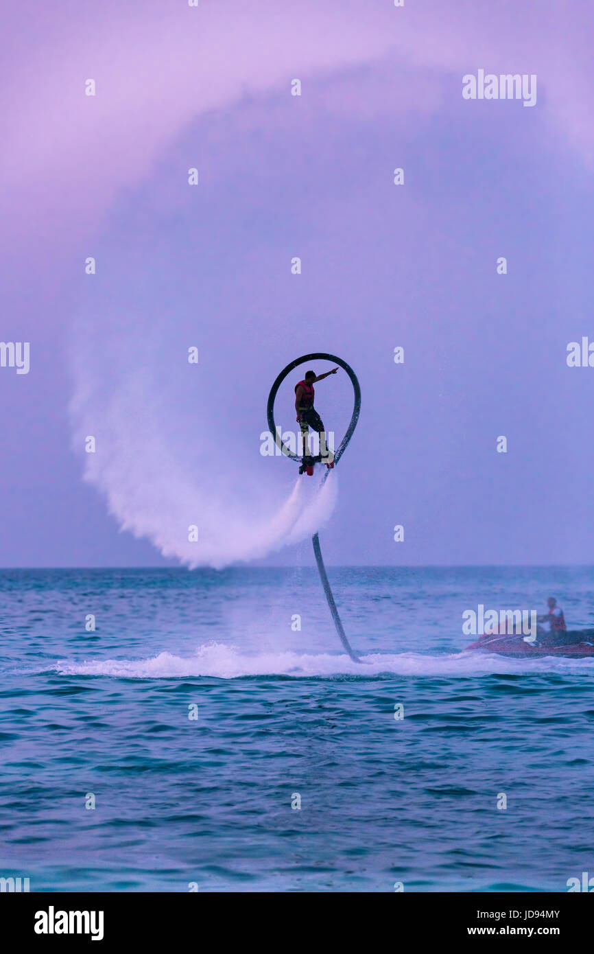Fly board, extreme sport at tropical beach Stock Photo