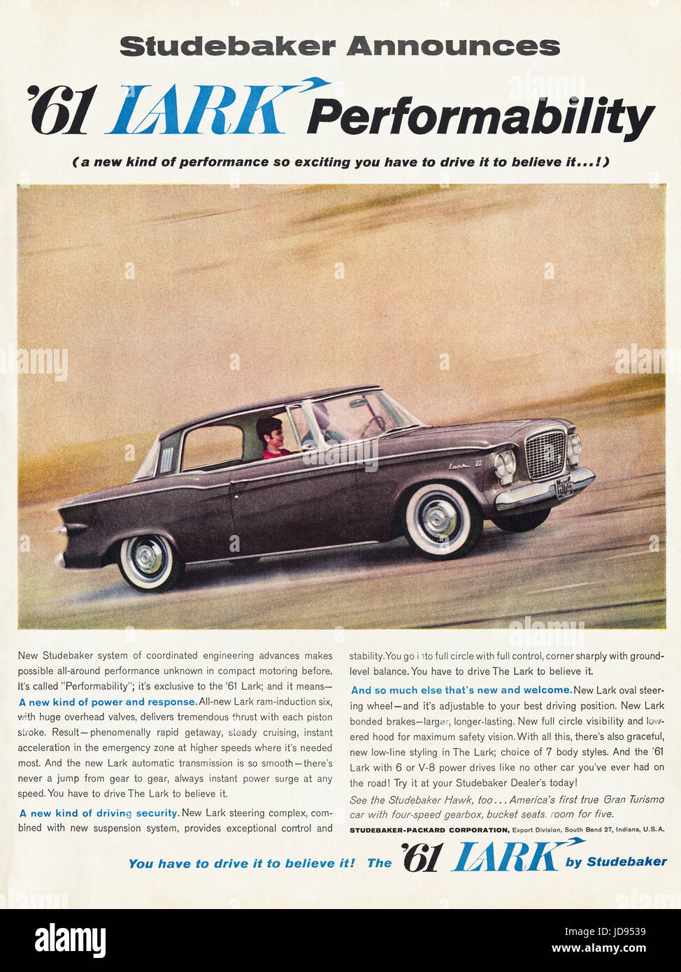 1960s advertisement advertising '61 Lark new car by Studebaker Packard Corporation of South Bend Indiana USA in American magazine dated 5th December 1960 Stock Photo