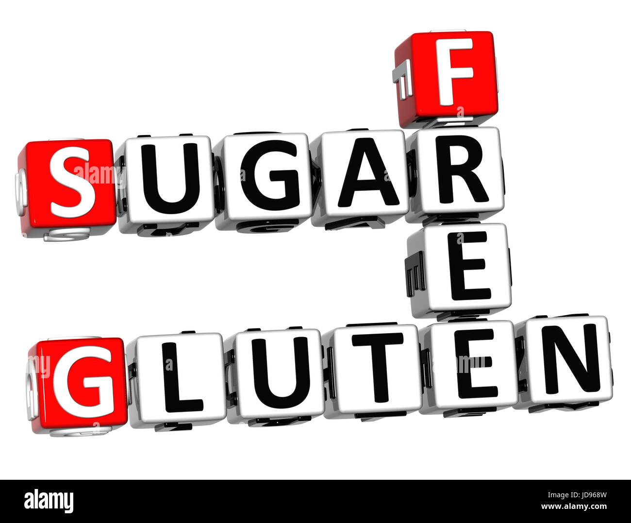 3D Gluten Sugar Free Crossword cube words on white background Stock