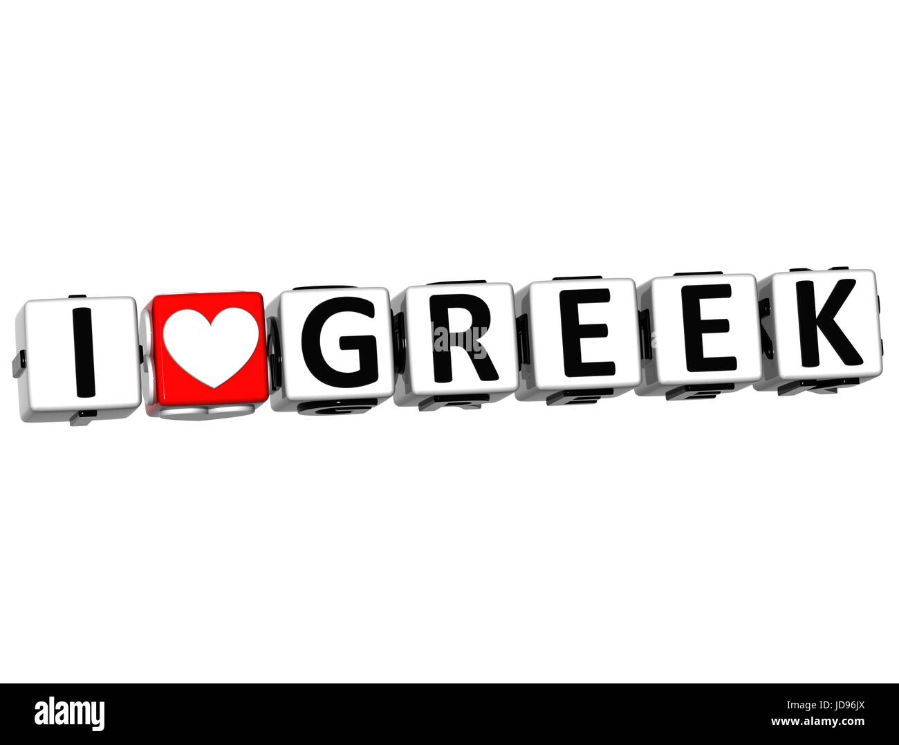 3D I Love Greek Button Click Here Block Text over white background