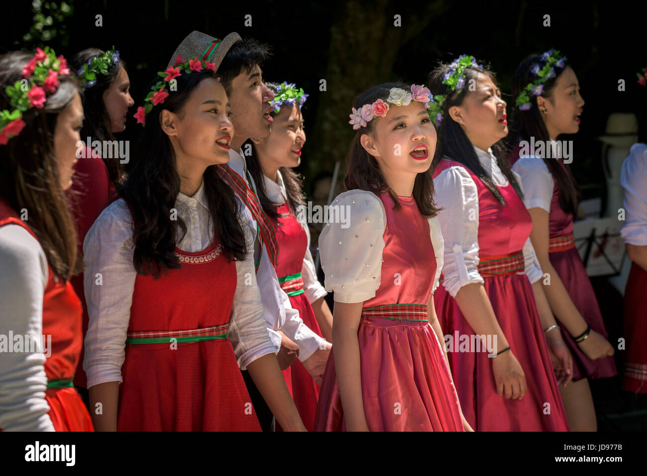 An opera performance by the English School of Mongolia at Trebah Garden amphitheatre in Cornwall. Stock Photo