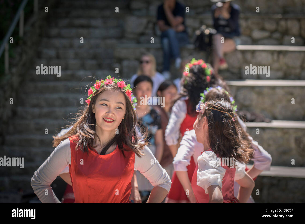 An opera performance by the English School of Mongolia at Trebah Garden amphitheatre in Cornwall. Stock Photo