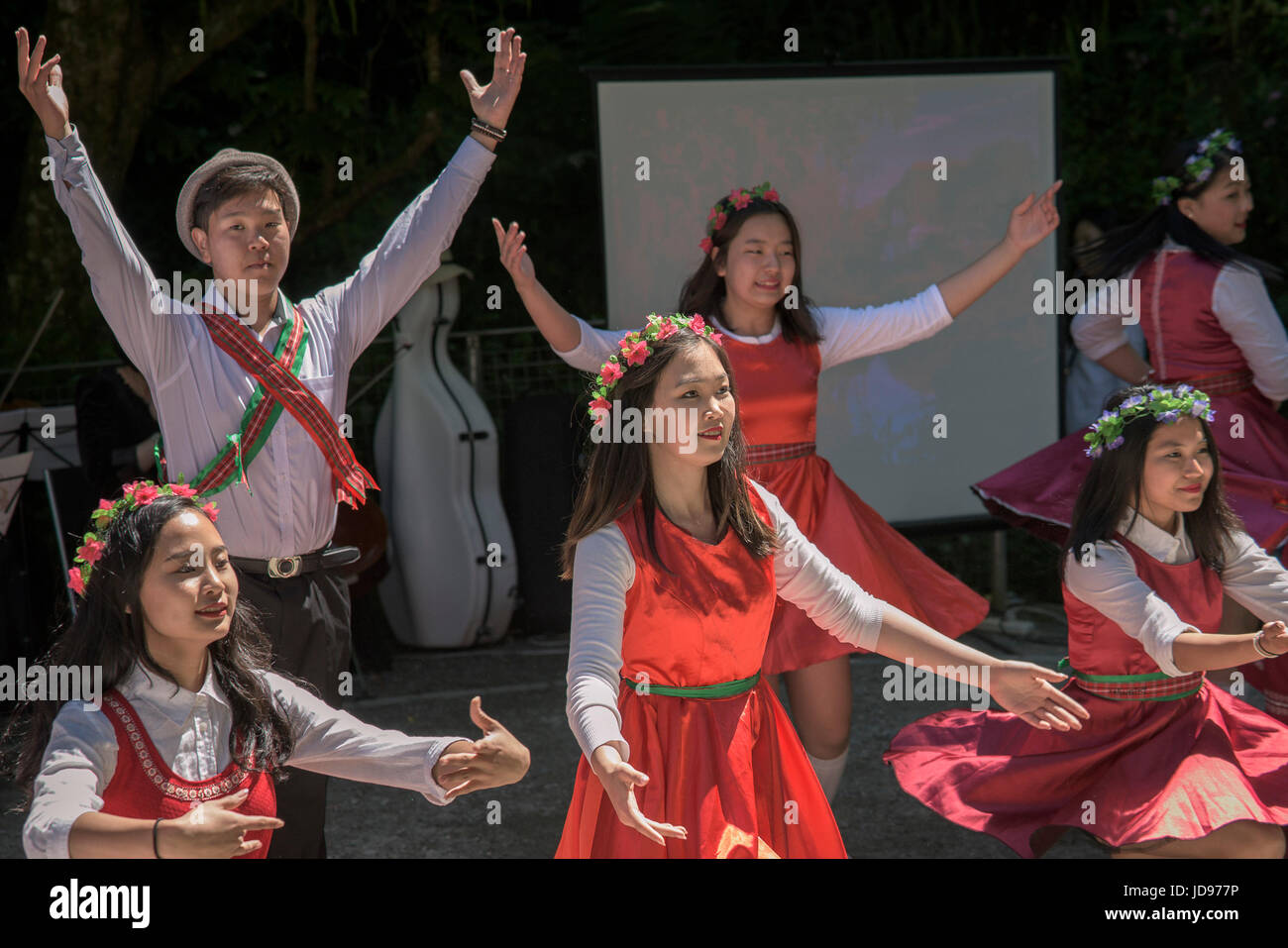 An opera performance by the English School of Mongolia at Trebah Garden amphitheatre in Cornwall. Stock Photo