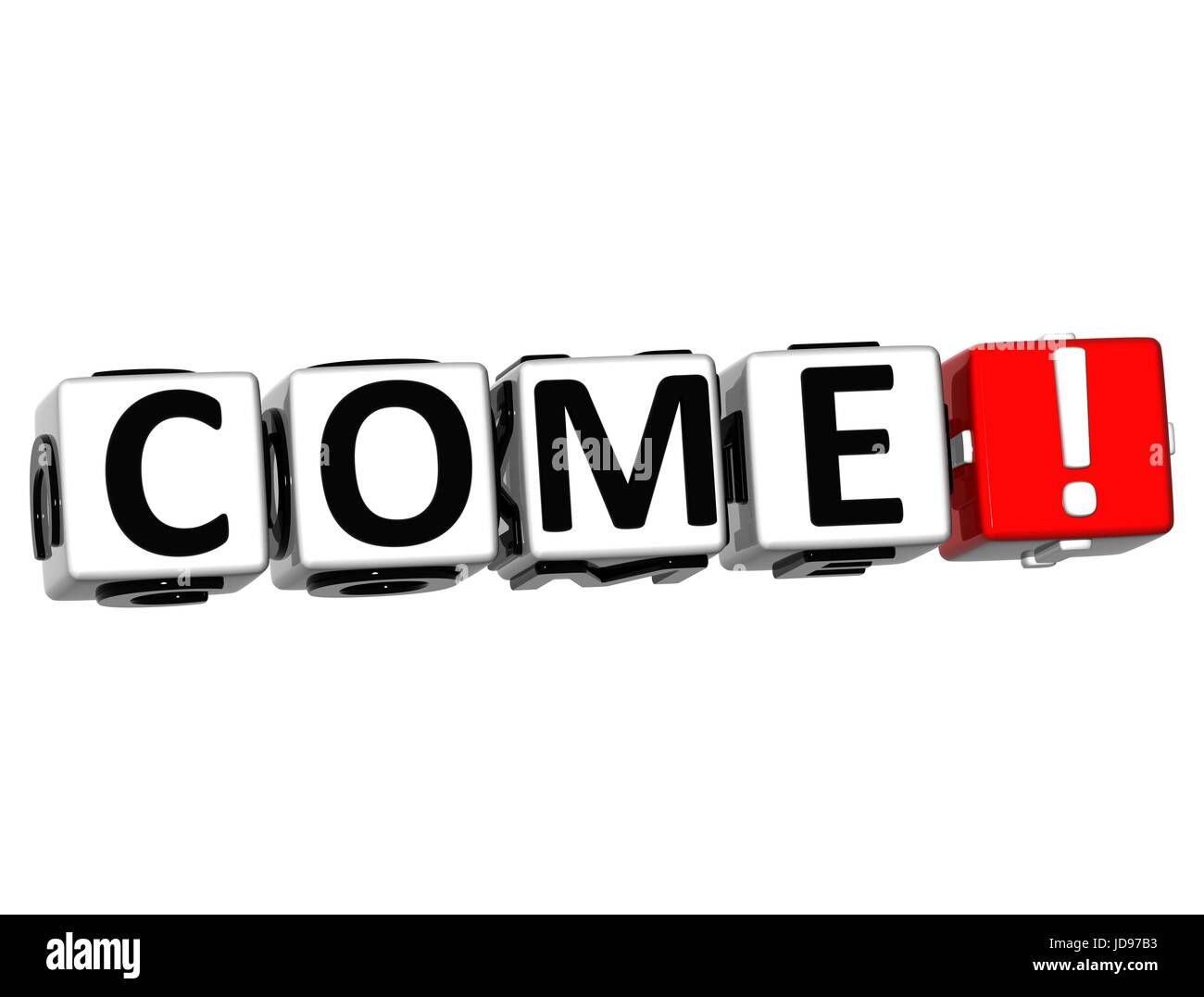 3D Come Button Click Here Block Text over white background Stock Photo ...