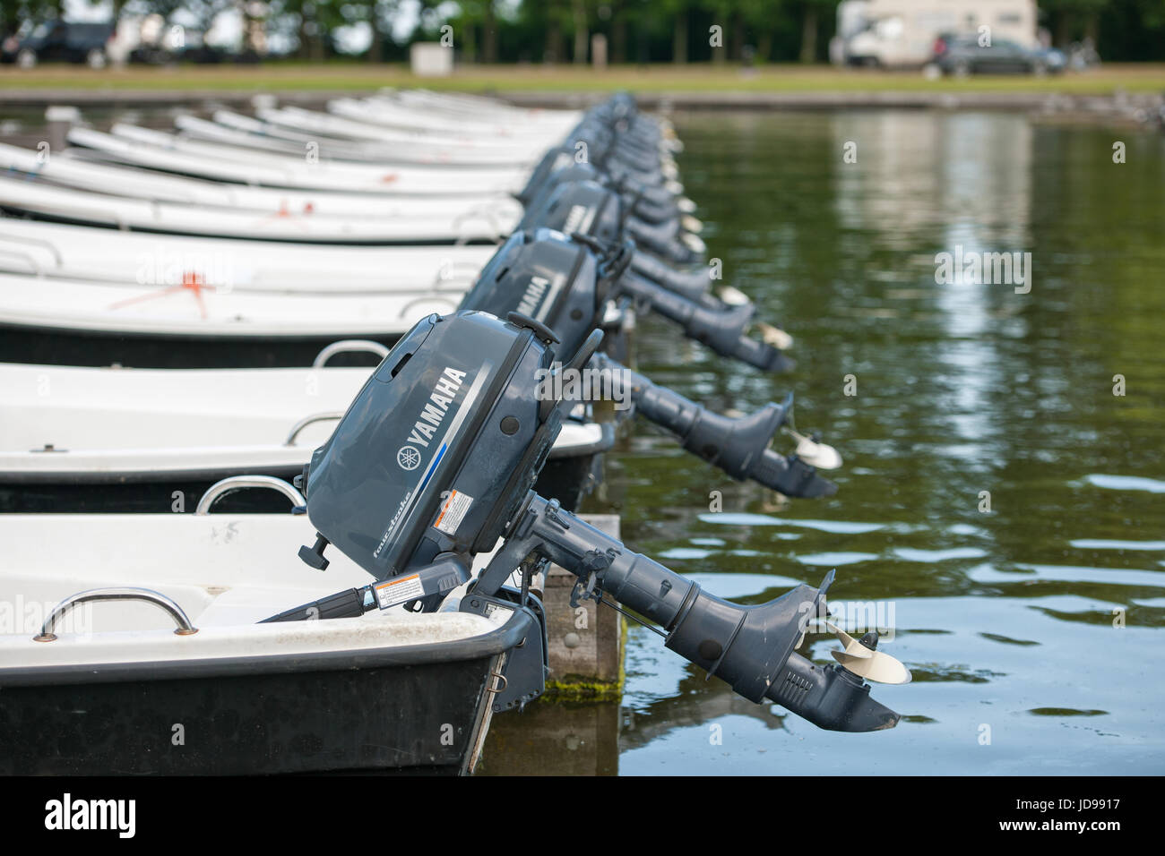 15 small boats with Yamaha outboard motor moored in a harbor Stock ...