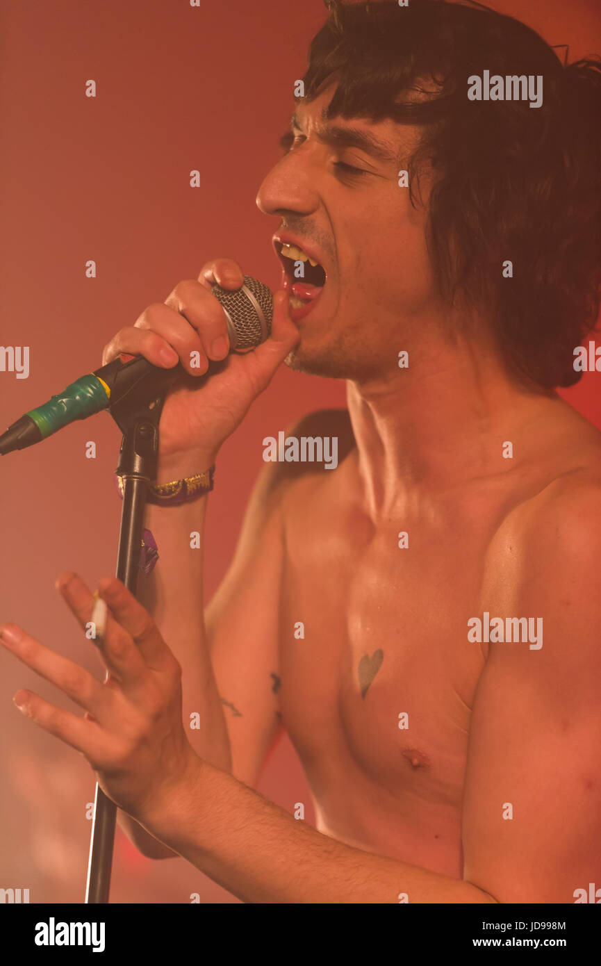 Thornhill, Scotland, UK - August 27, 2016: Lias Saudi of English post punk band Fat White Family performing at Electric Fields Stock Photo