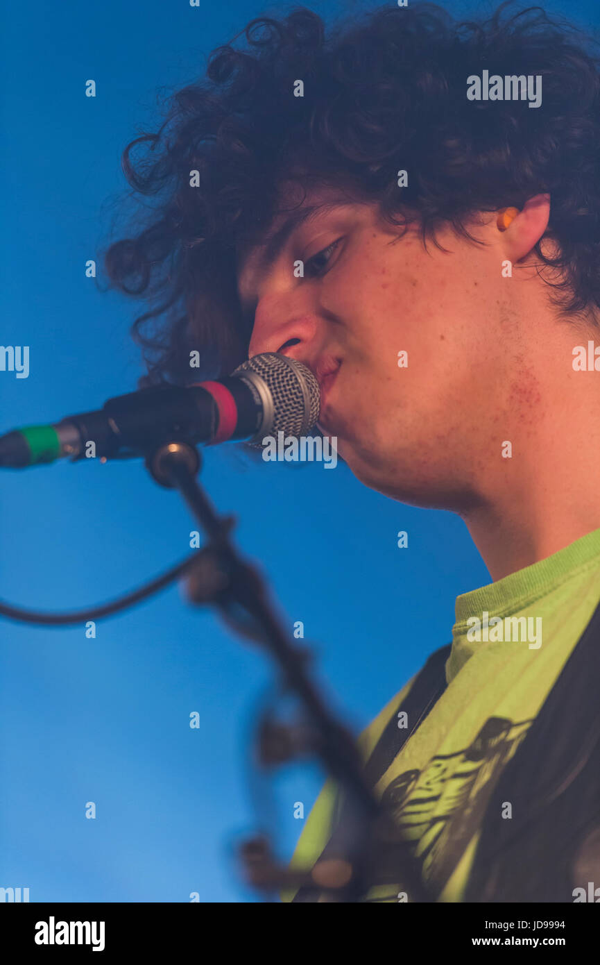 Thornhill, Scotland, UK - August 27, 2016: Saul Adamczewski of English post punk band Fat White Family performing at Electric Fields Stock Photo