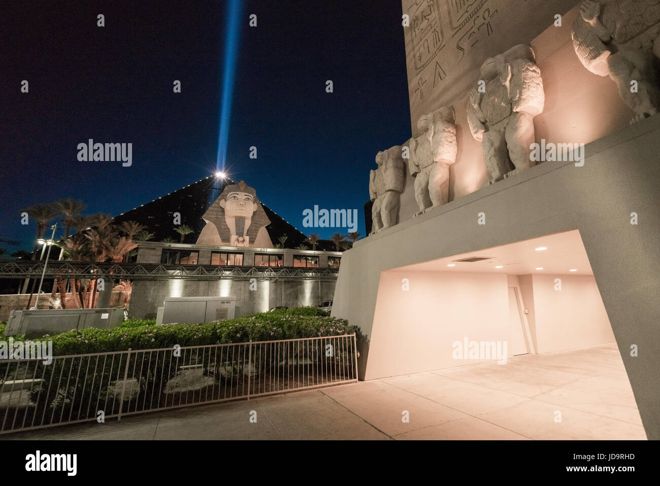 Luxor attraction with sphinx and blue laser beam, Las Vegas, Nevada, USA. Stock Photo