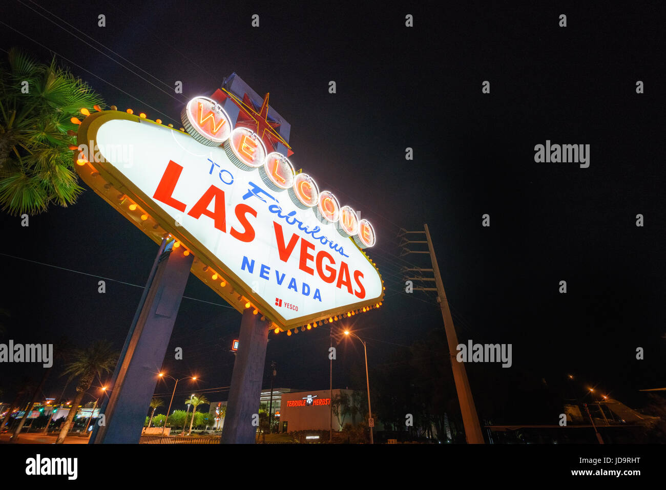 Iconic Welcome to Las Vegas sign illuminated at night, Nevada, USA. Stock Photo