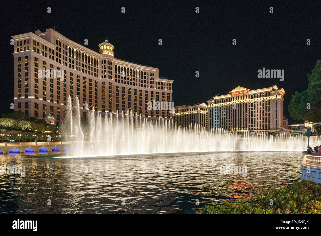 Exterior view of Bellagio hotel at night with fountains, Las Vegas, Nevada, USA. Stock Photo
