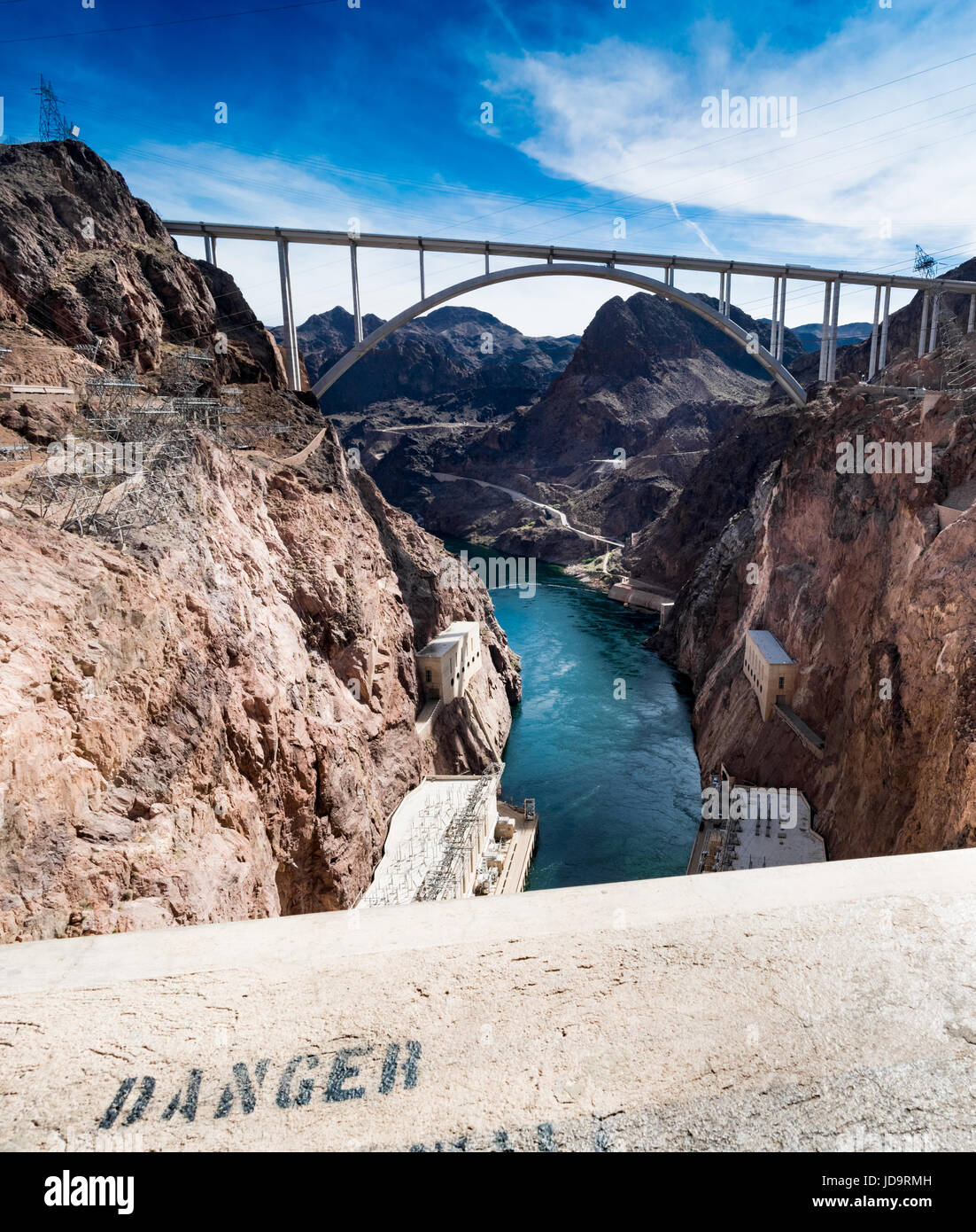 High angle view of bridge on the Hoover dam on the Colorado river, USA. Stock Photo