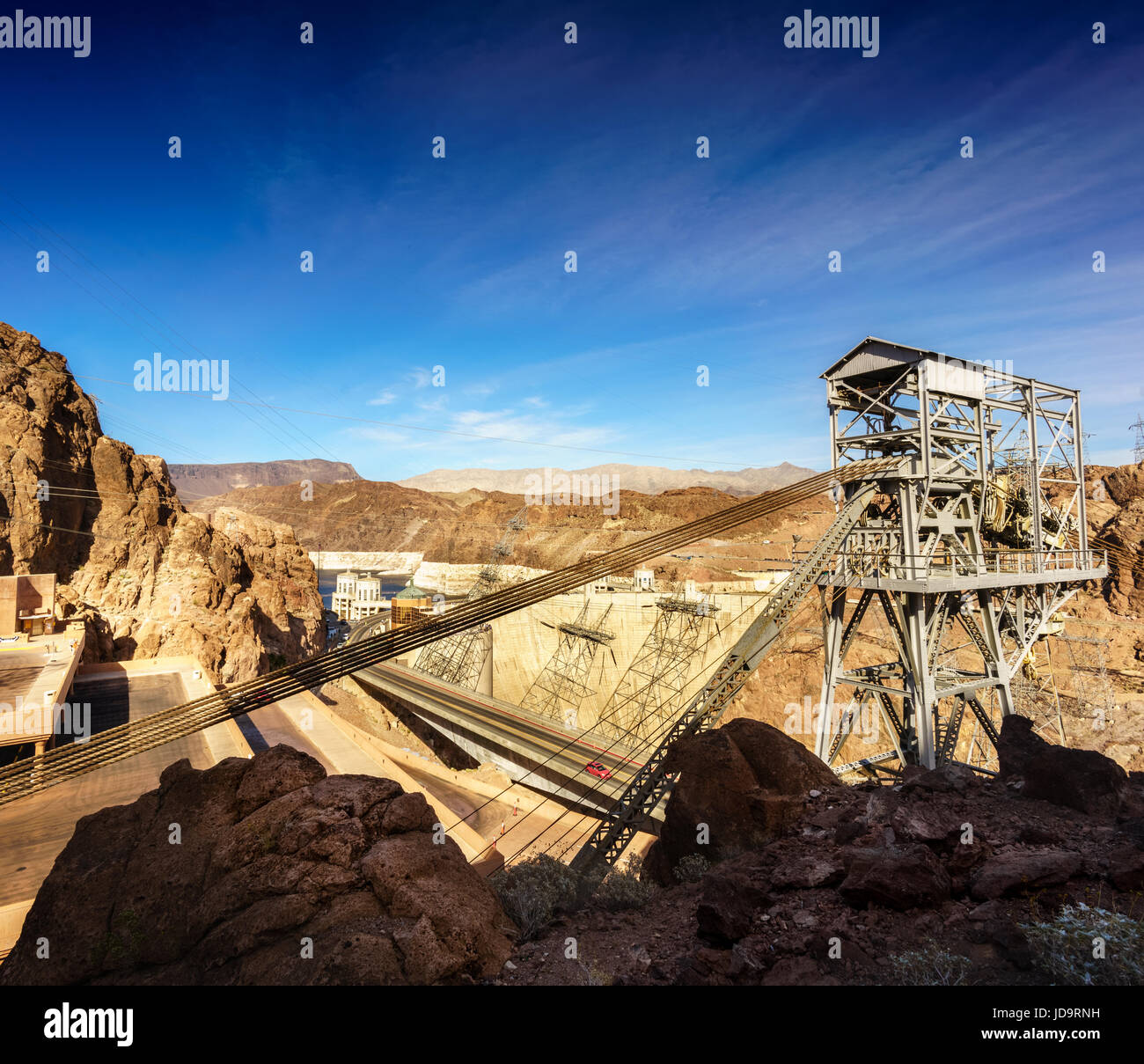 Metal structure in the Hoover dam canyon, Colorado river, USA. Stock Photo