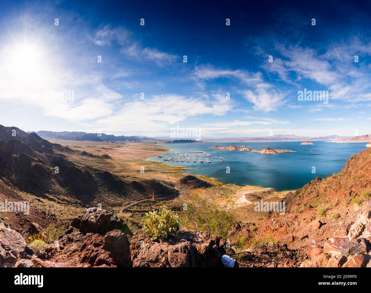 Mountain scene with lake with rocky terrain and horizon, Nevada, USA