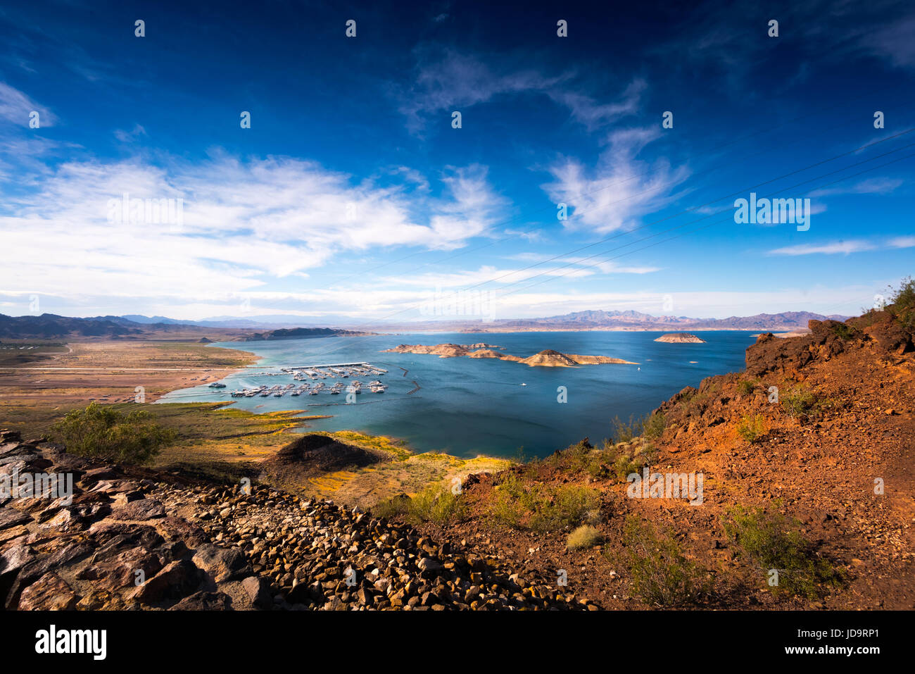 Mountain scene with lake with rocky terrain and horizon, Nevada, USA. Stock Photo