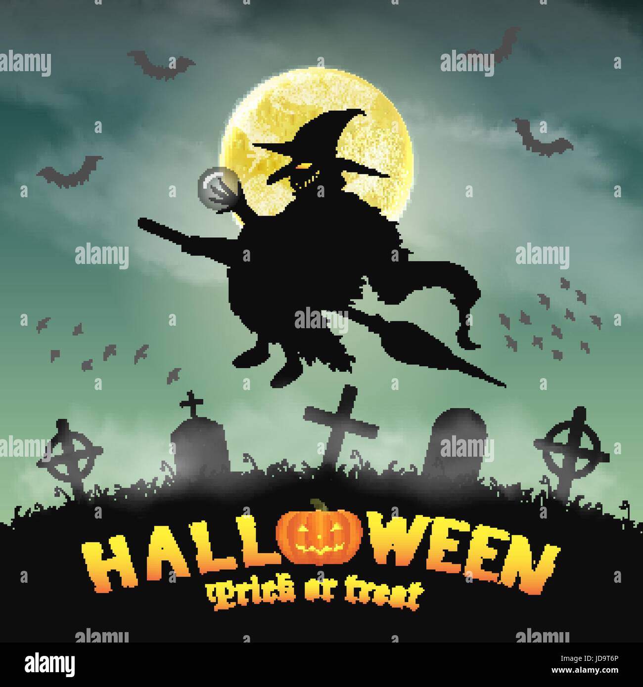halloween silhouette flying witch in night graveyard Stock Vector