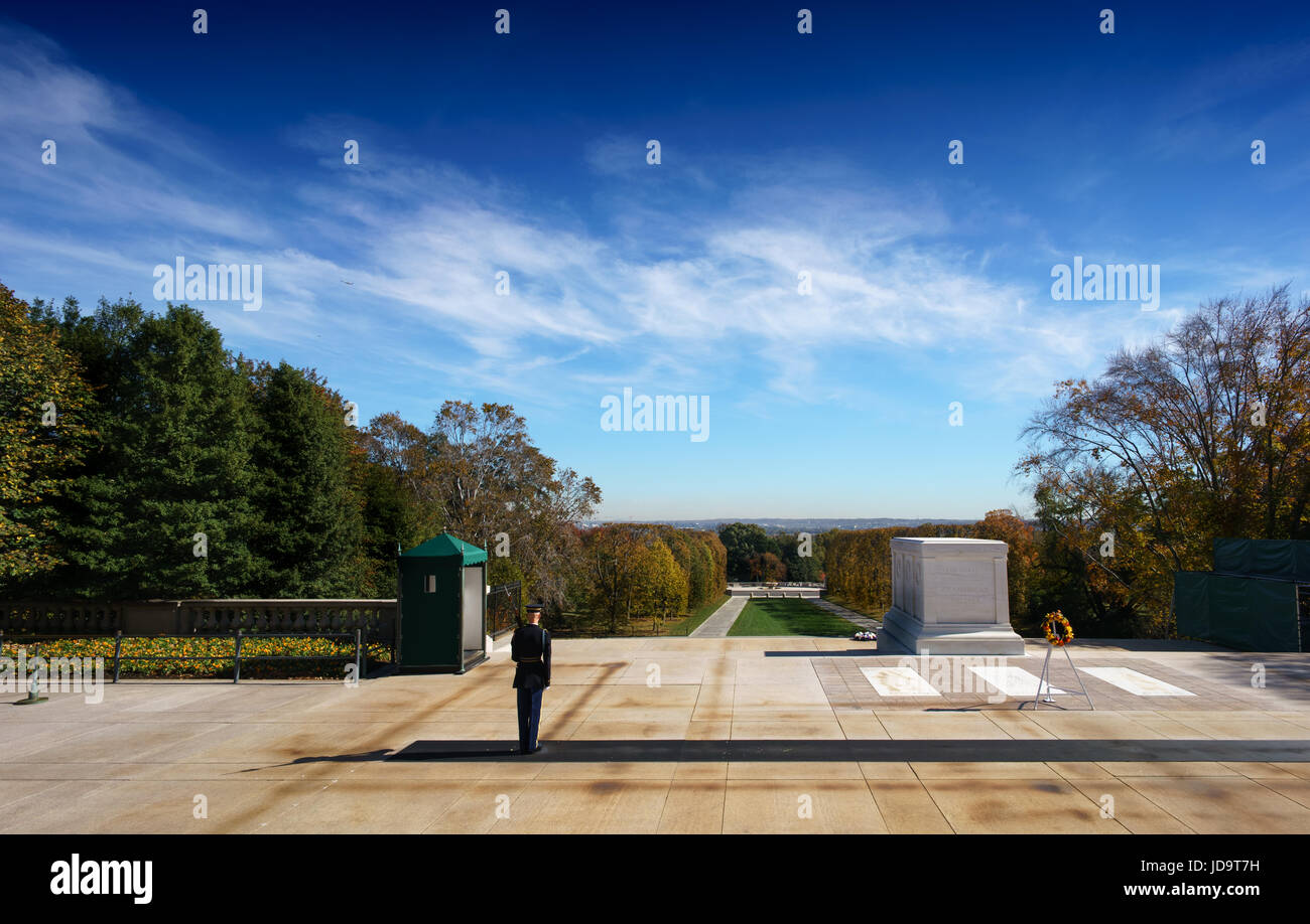 Official standing to attention on paved area with blue sky and shadow along ground. washington capital usa 2016 fall Stock Photo