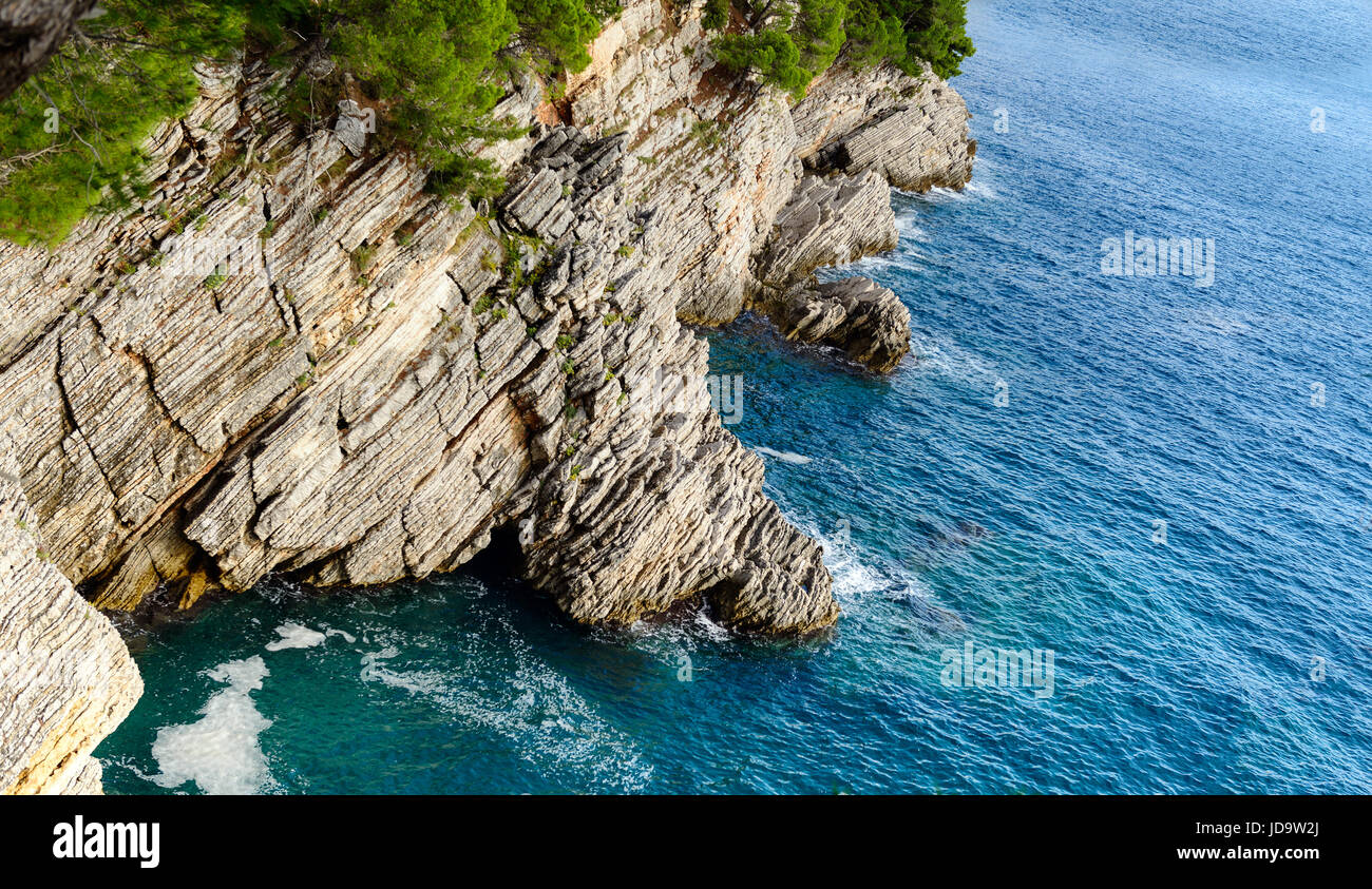 Beautiful castline view near Petrovac, Montenegro. Rocks and seaview from hill Stock Photo