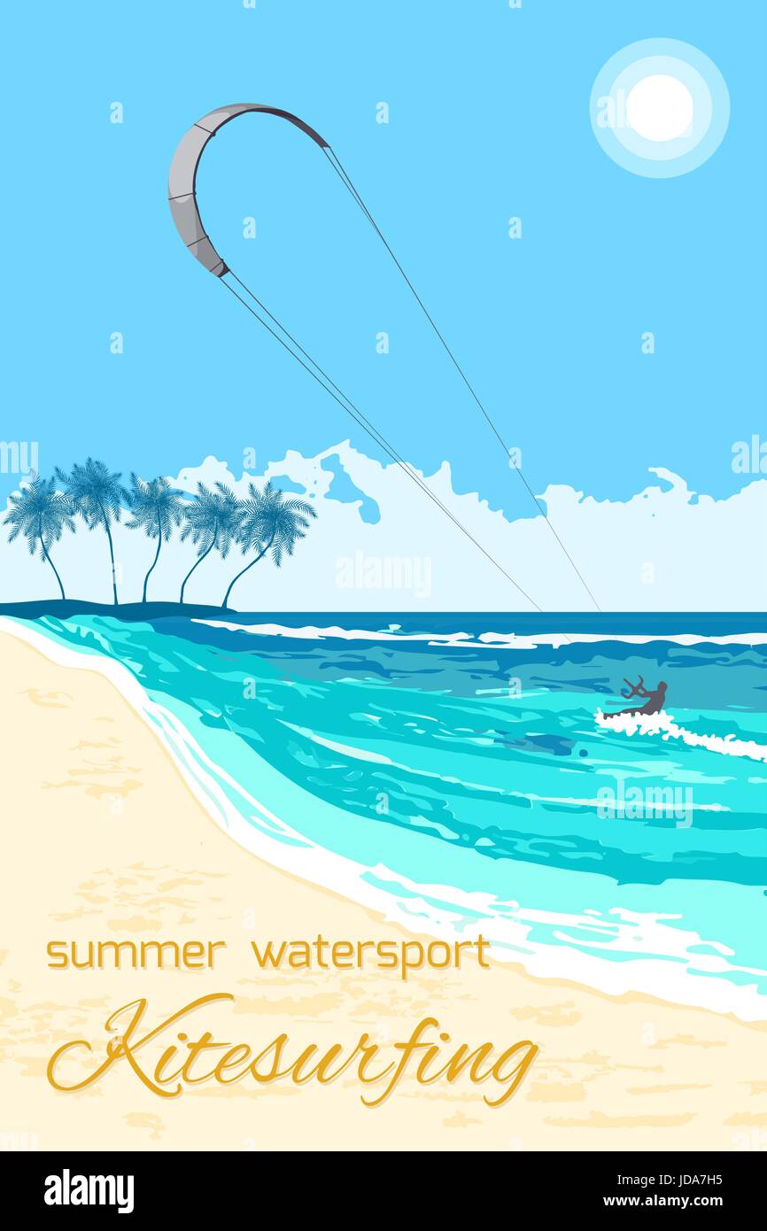 Sea kite on tropical sea background. Kitesurfing summer watersport poster or flyerе Stock Vector