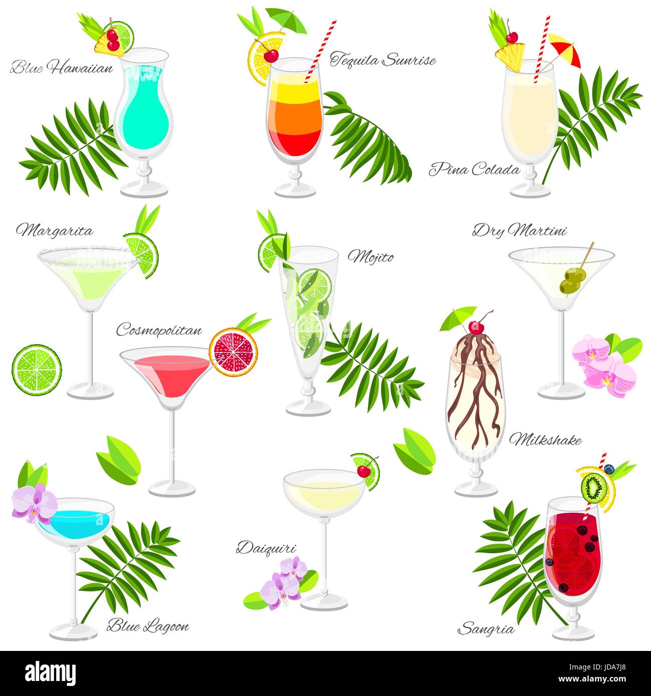 Set Of Popular Cocktails Vector Cartoon Style Collection Of Summer Long Drinks Isolated On White For Restaurant Bar Menu Or Beach Party Banner And F Stock Vector Image Art Alamy