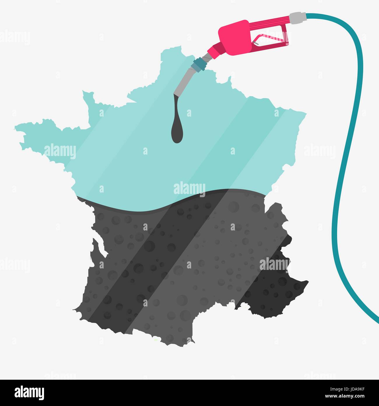 Map of France being fueled by oil. Gas pump fueled map. On the map there is glass reflection. Conceptual. Oil producing or importing countries. Stock Vector