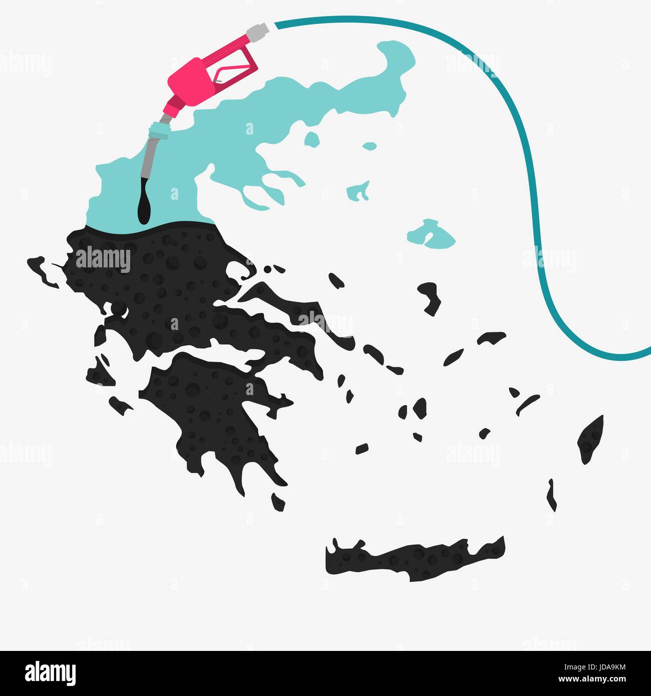 Map of Greece being fueled by oil. Gas pump fueled map. On the map there is glass reflection. Conceptual. Oil producing or importing countries. Stock Vector