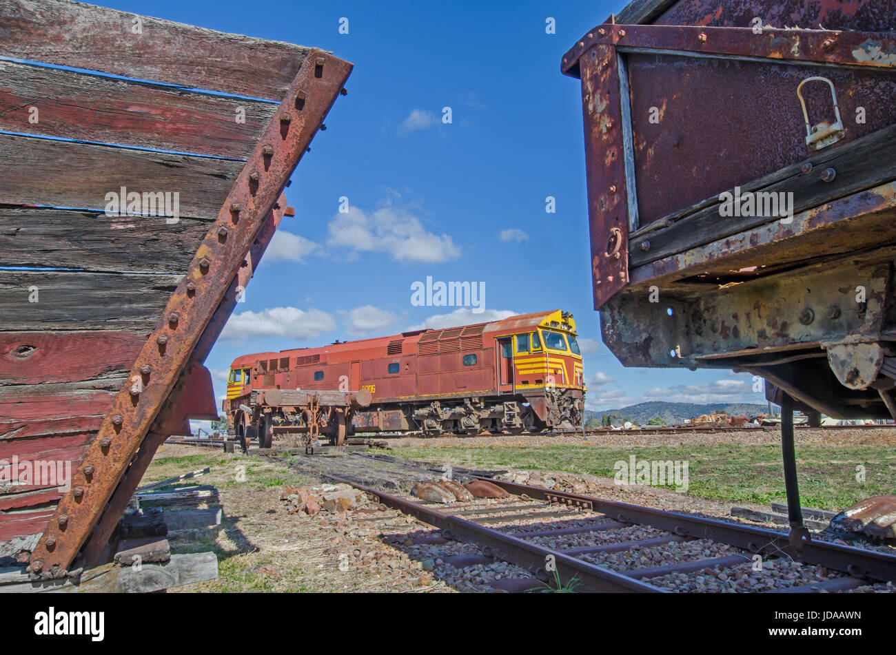 Disused Diesel Locomotive on a Siding at a vehicle graveyard Werris Creek NSW Austalia Stock Photo
