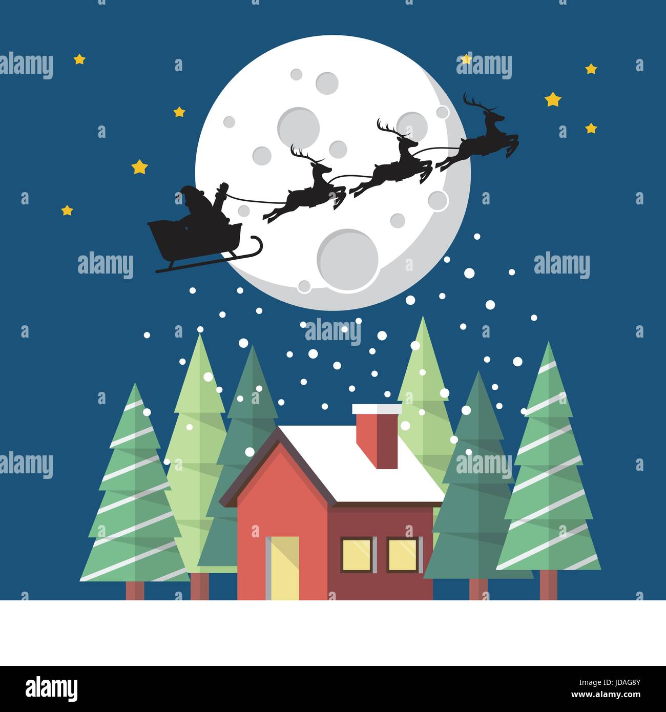 Santa Claus and his reindeer sleigh in silhouette against moon with ...