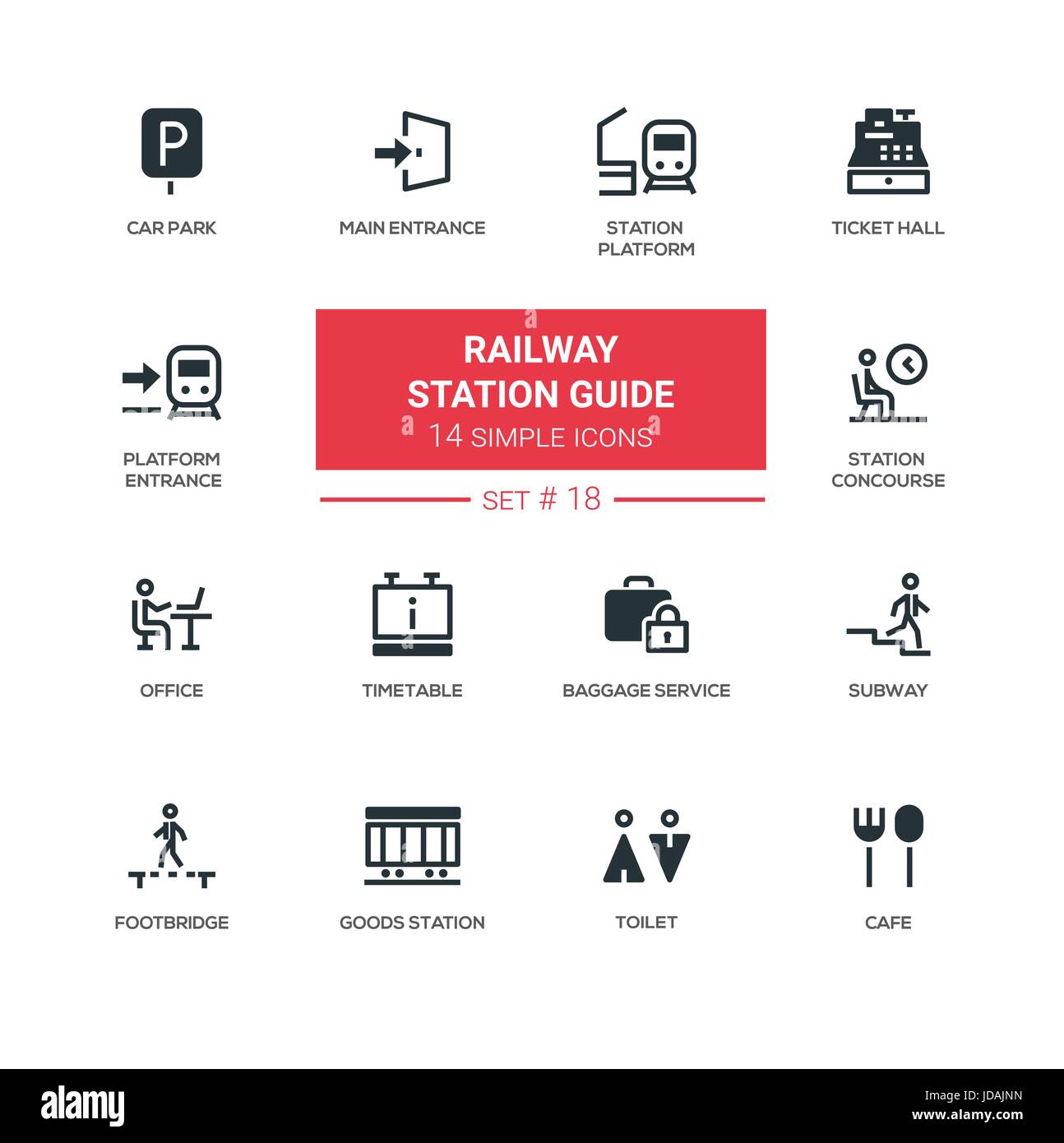 Railway station guide - modern simple icons, pictograms set Stock Vector