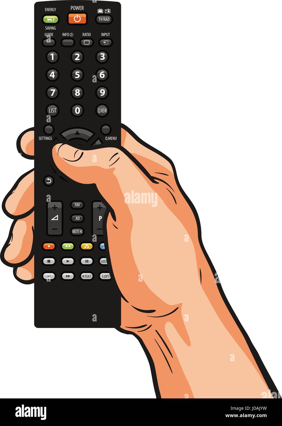 TV remote control in hand. Television, video, film, movie concept. Cartoon vector illustration Stock Vector